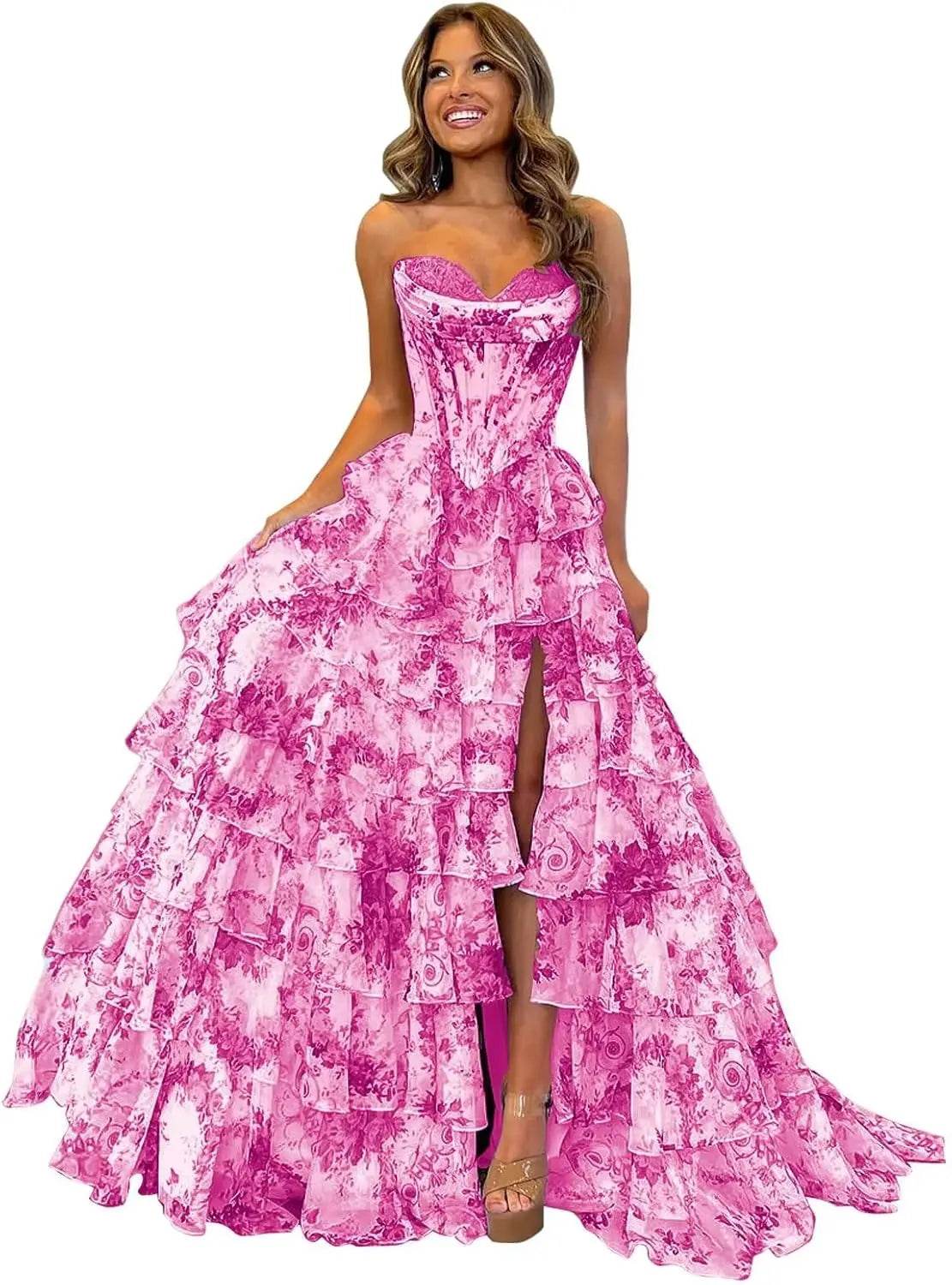 Strapless Floral Tiered Prom Dress - Sweetheart Neckline, A-Line Design - Buy Center US