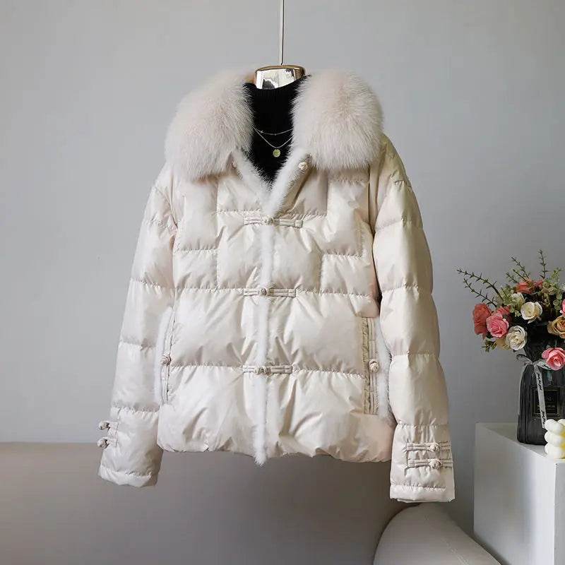 Vintage Chinese Style Duck Down Coat with Fox Hair Collar for Women - Buy Center US
