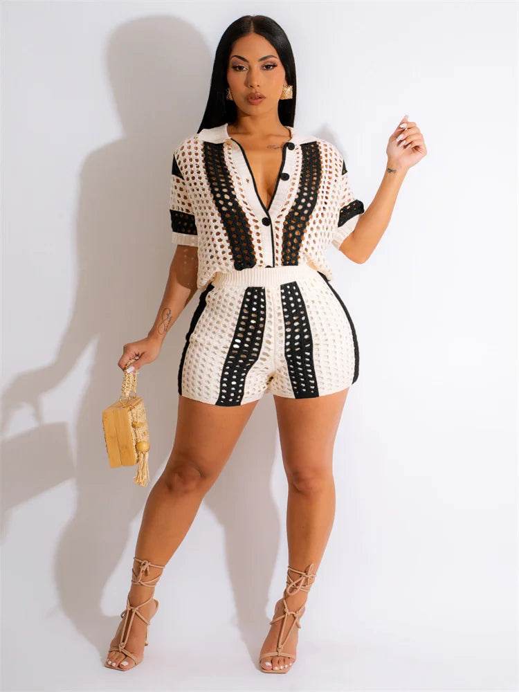 JRRY Sexy Women Knitted Beach Set - Turn Down Collar, Hollow Out - Buy Center US