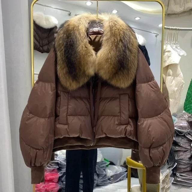 Women's Winter Down Jacket - Cropped Style with Fox Fur Collar - Buy Center US