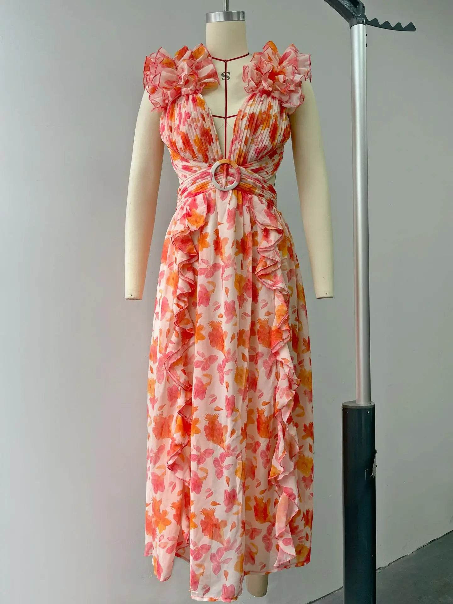 Izmestyeva Floral Backless Dress - Sleeveless V-Neck, Ruffle Trim - Buy Center US