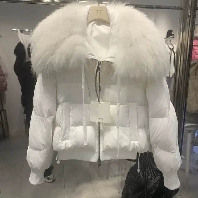 Women's Winter Down Jacket - Cropped Style with Fox Fur Collar - Buy Center US