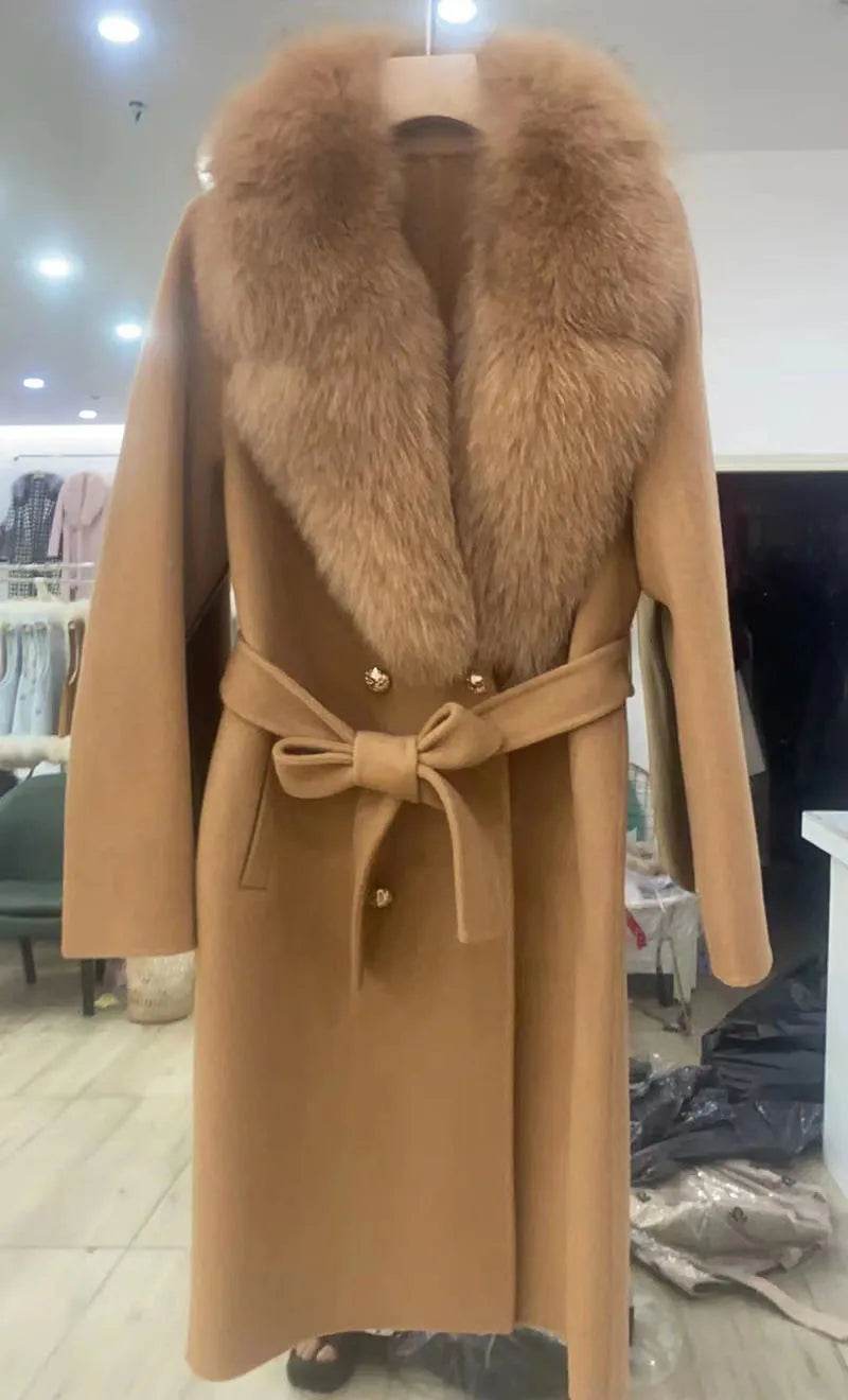 HSPLC Women's Long Wool Blended Coat with Fox Fur Collar - Winter Fashion - Buy Center US