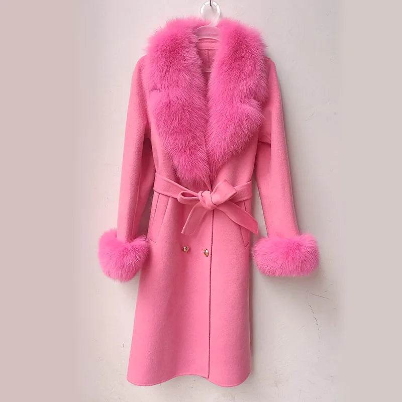 HSPLC Women's Long Wool Blended Coat with Fox Fur Collar - Winter Fashion - Buy Center US