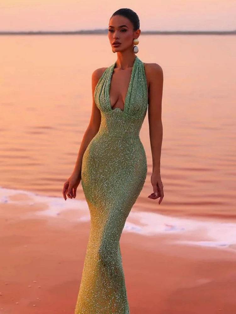 Green Maxi Dress for Women - Sexy V Neck Sleeveless Sequined Gown - Buy Center US