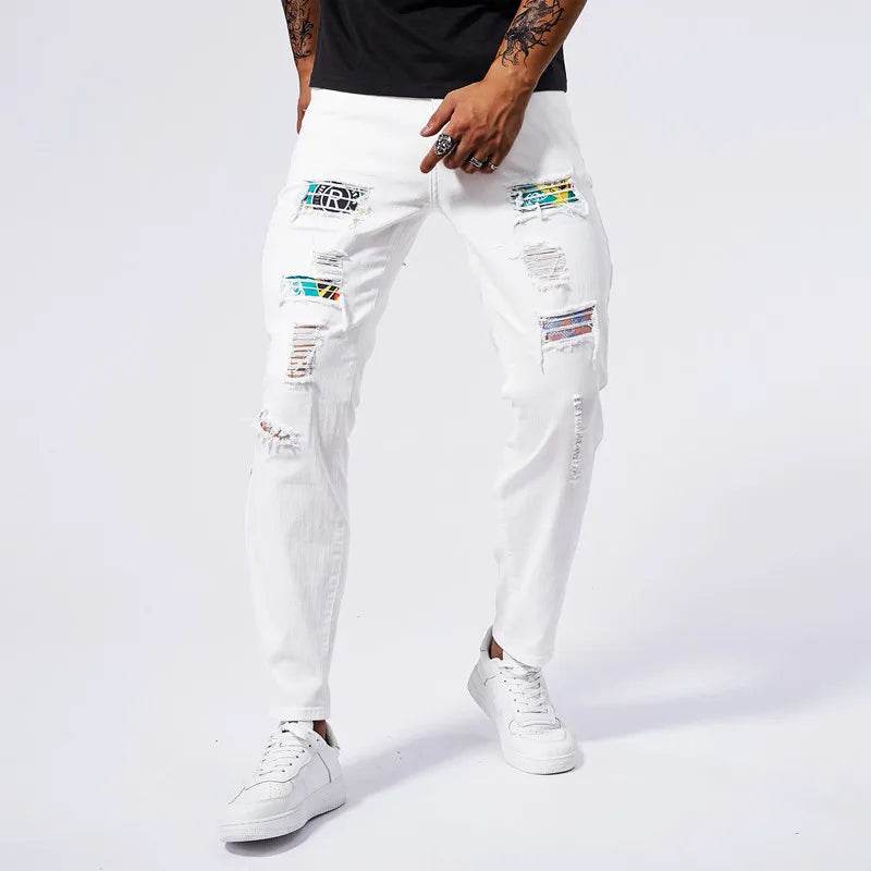 Men's White Ripped Jeans 2024 - Slim Fit Straight Leg Casual Pants - Buy Center US