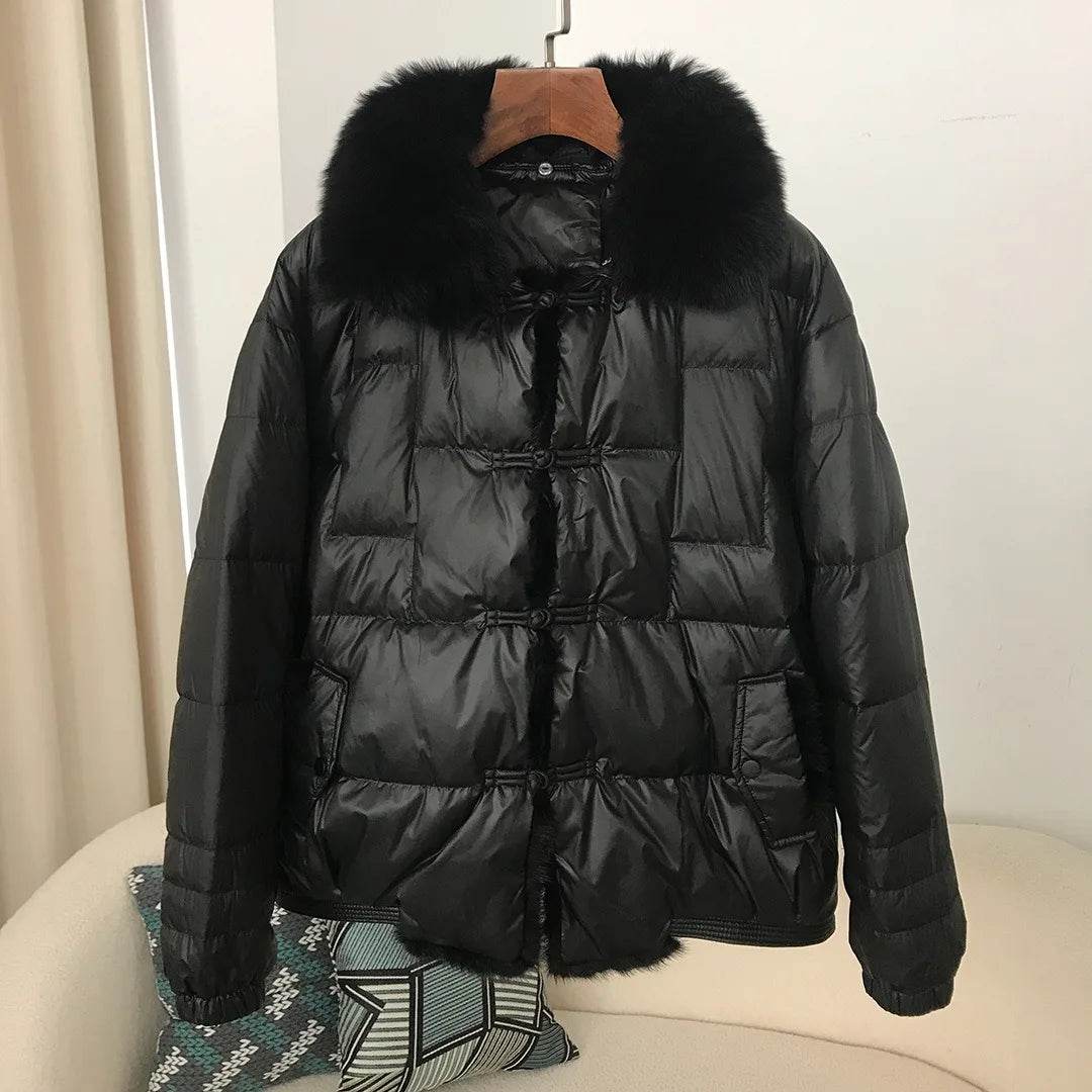 Women's White Duck Down Puffer Jacket - Real Fox Fur Collar Coat - Buy Center US