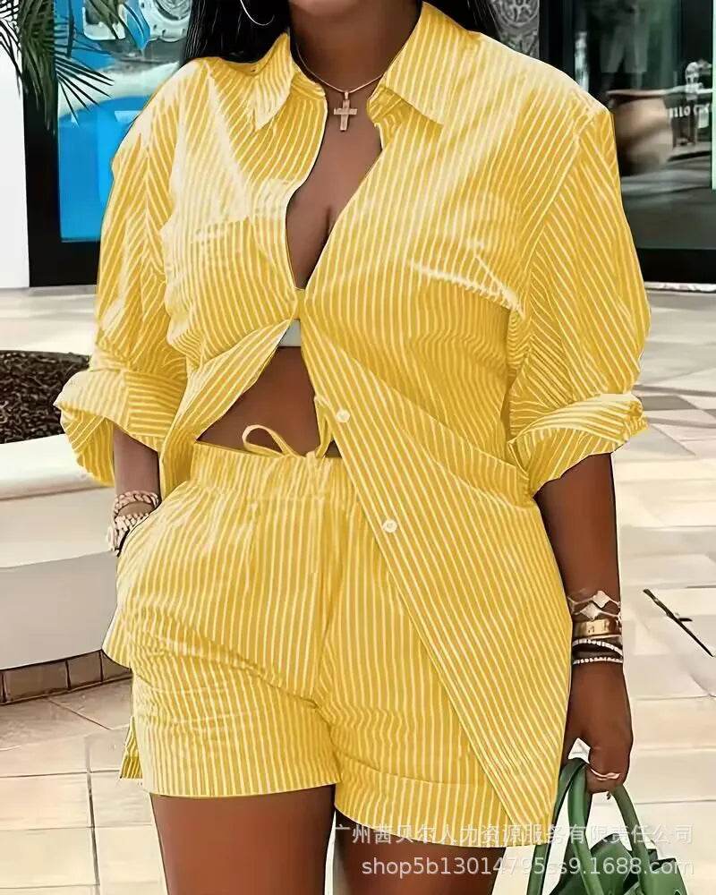 Mandylandy Women's Striped Two Piece Set - Casual Shirt & Shorts - Buy Center US