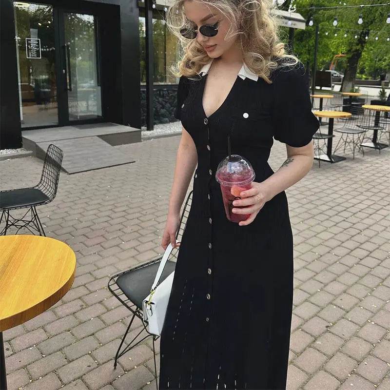 Jadoutin Elegant Knitted Dress for Women - Short Sleeve V-Neck - Buy Center US