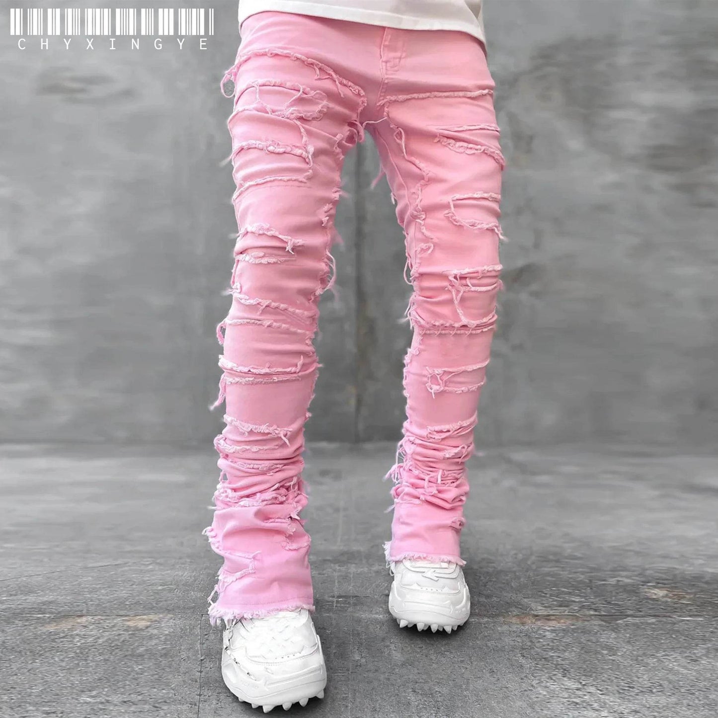 Men's Ripped Slim Fit Stacked Jeans - Distressed Casual Denim Pants - Buy Center US