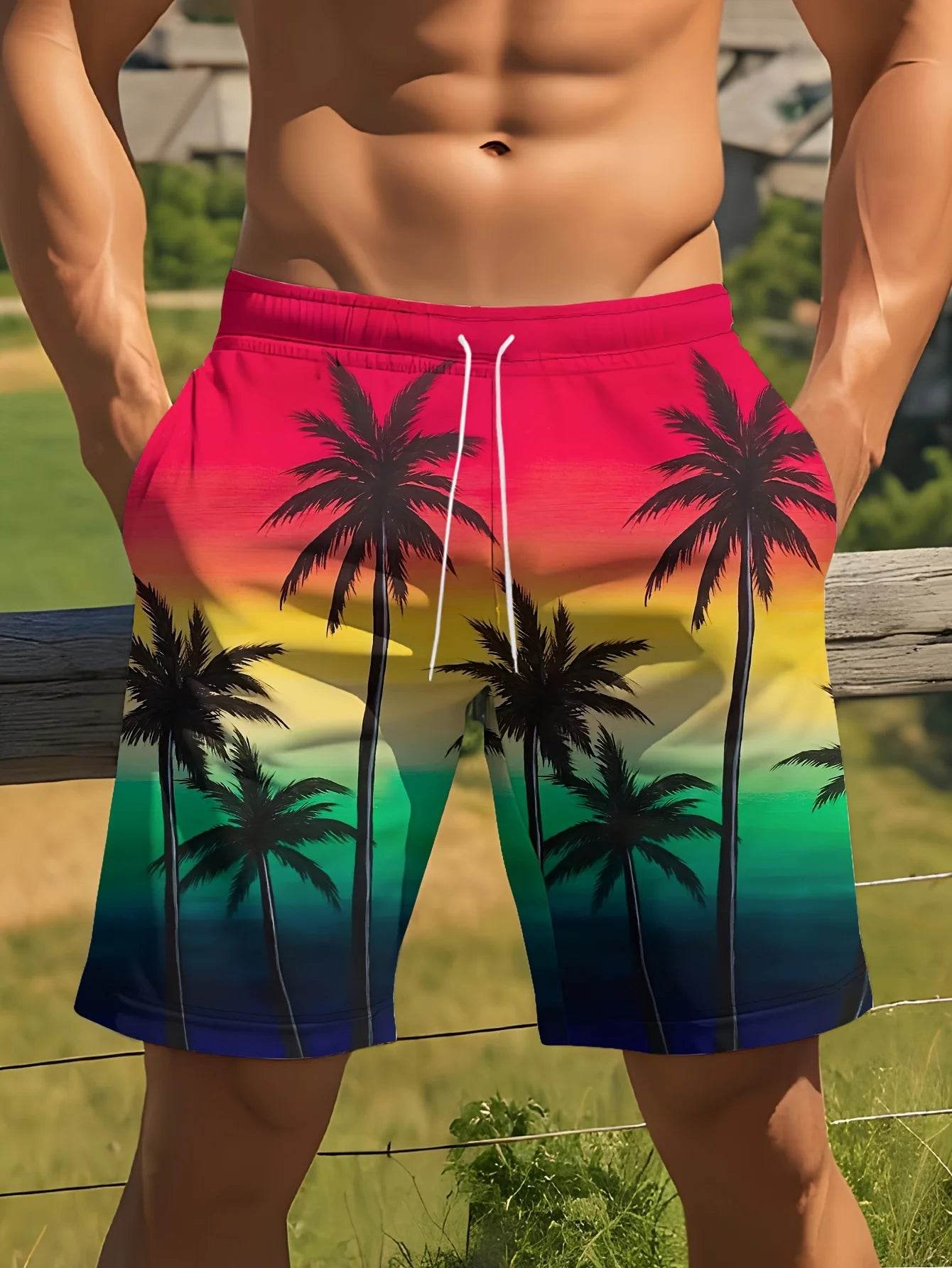Men's Hawaiian Swim Trunks - 3D Gradient Palm Tree Print, Quick Dry - Buy Center US