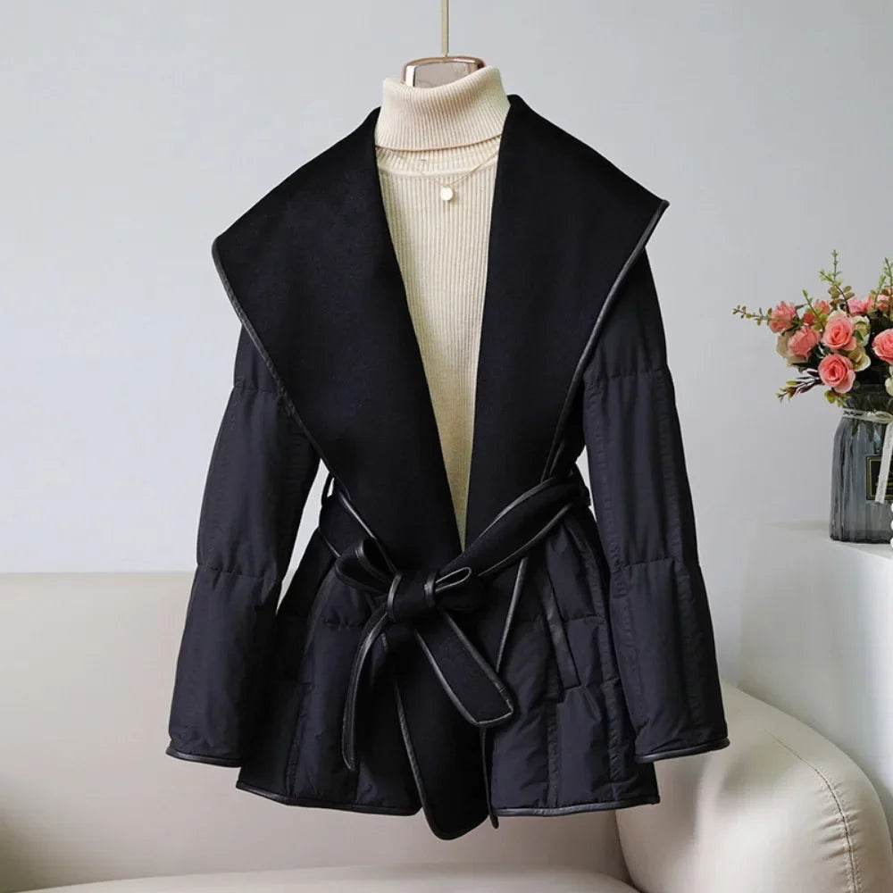 Lady Puffer Jacket with Belt - Warm Wool Cashmere Down Coat 2024 - Buy Center US