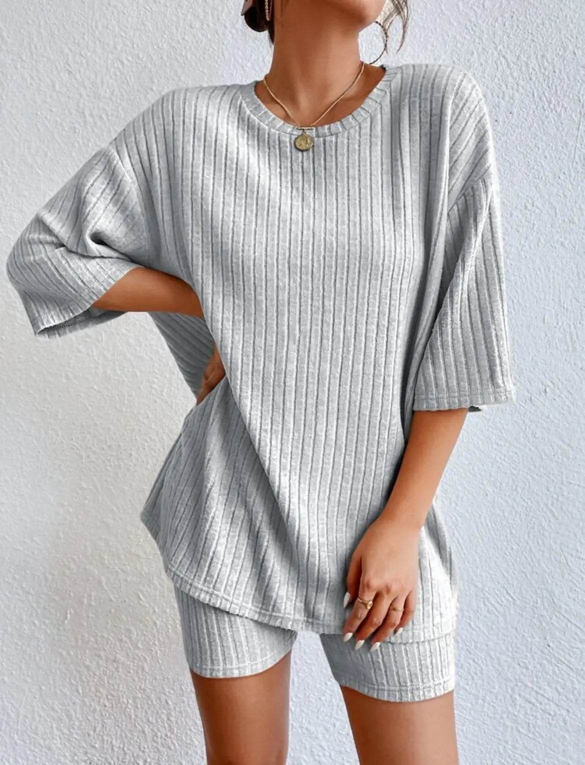 Casual Women’s Spring/Summer Two-Piece Set - O Neck Top & Shorts - Buy Center US