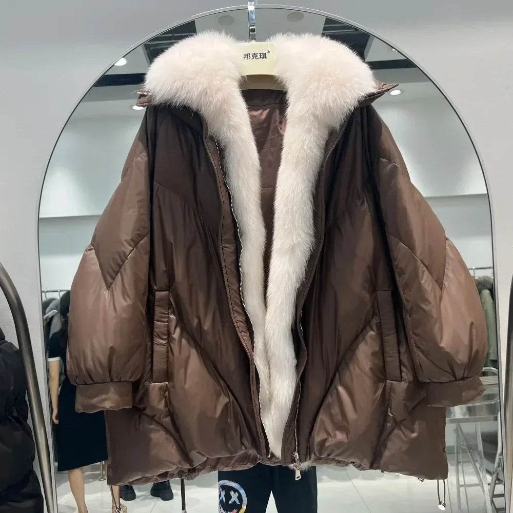 Real Fox Fur Puffer Coat - Women’s Warm Winter Jacket, Loose Fit - Buy Center US