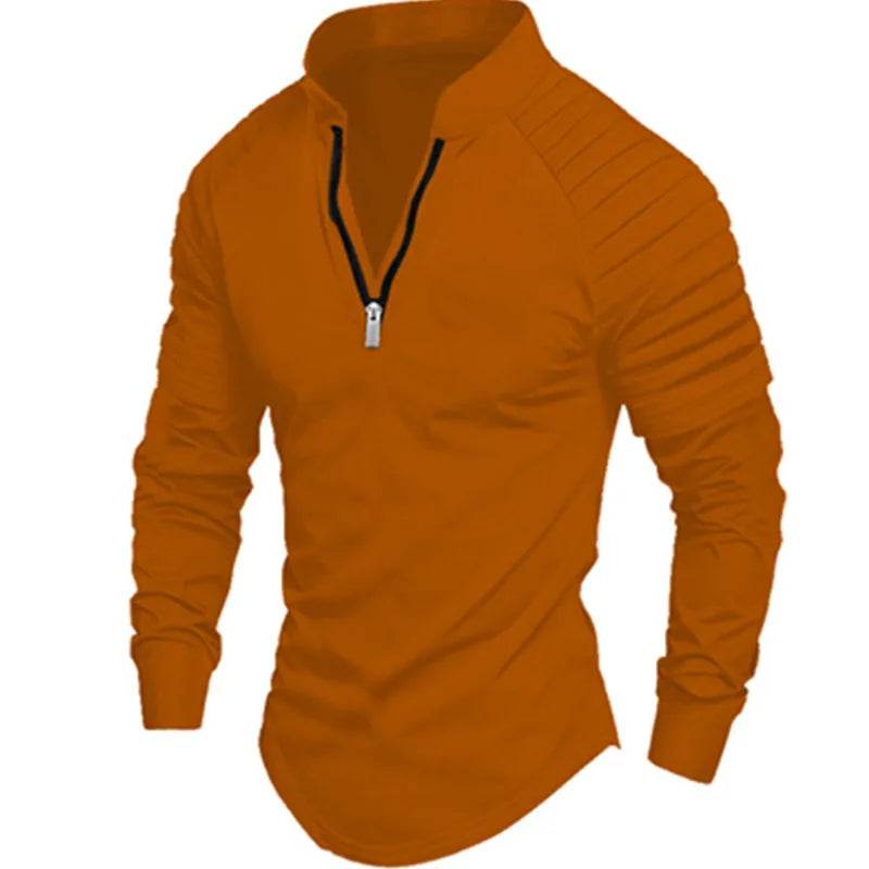 Men's Long Sleeve Polo Shirt - Casual Solid Color with Zipper Collar - Buy Center US