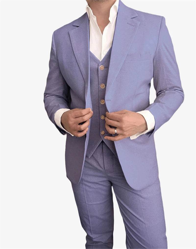 Tunetak Men's 3-Piece Linen Suit - Slim Fit Beige Blazer & Vest Set - Buy Center US