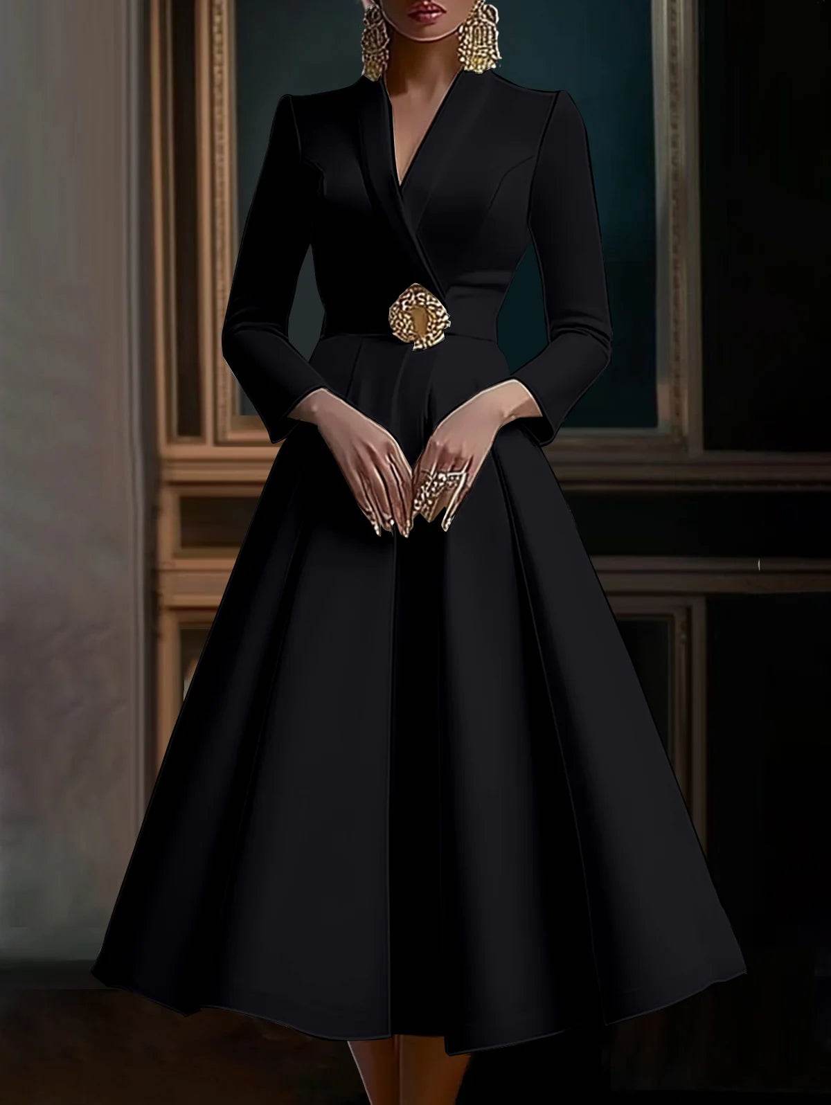 Elegant Women's V-Neck Midi Dress - Long Sleeve Pleated Design - Buy Center US