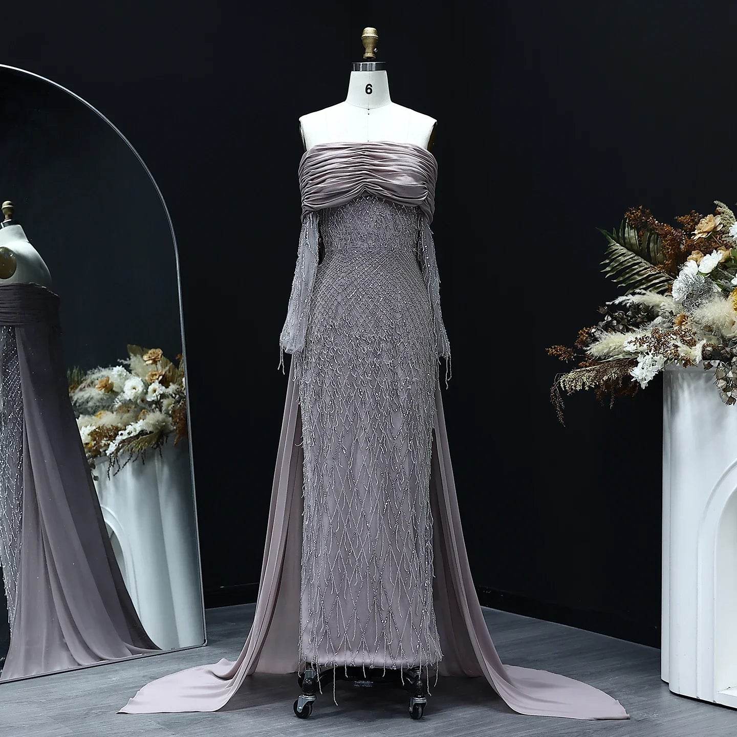 Lilac Midi Evening Dress with Tassels - Off Shoulder, Formal Style - Buy Center US