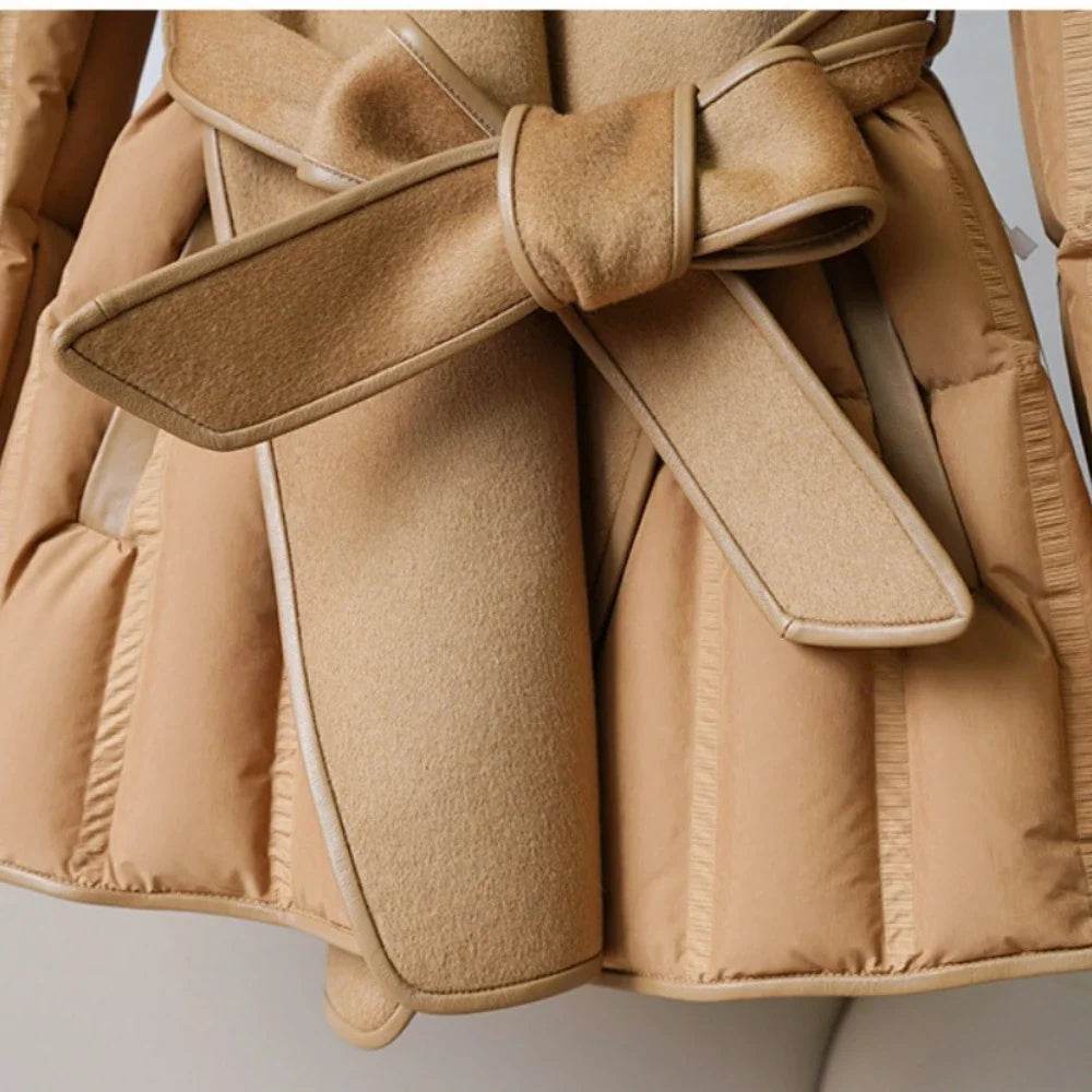 Lady Puffer Jacket with Belt - Warm Wool Cashmere Down Coat 2024 - Buy Center US