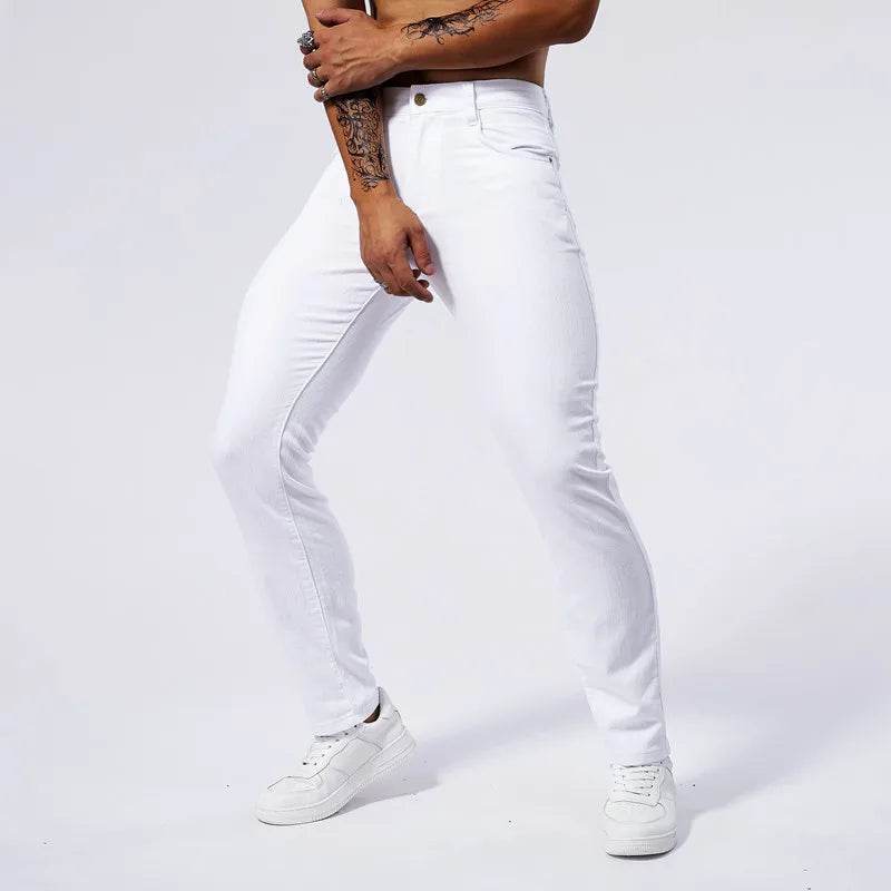 Men's White Casual Stretch Jeans - Ankle-Length Straight Fit - Buy Center US