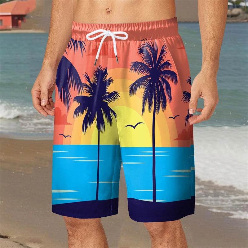 Hawaiian Coconut Tree Pattern Board Shorts - Quick Dry Men’s Swimwear - Buy Center US