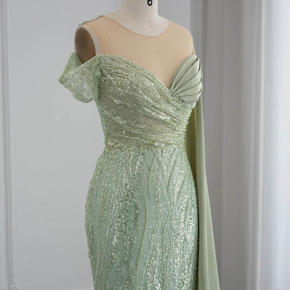 Sharon Said Sage Green Mermaid Evening Dress – Off The Shoulder Cape - Buy Center US