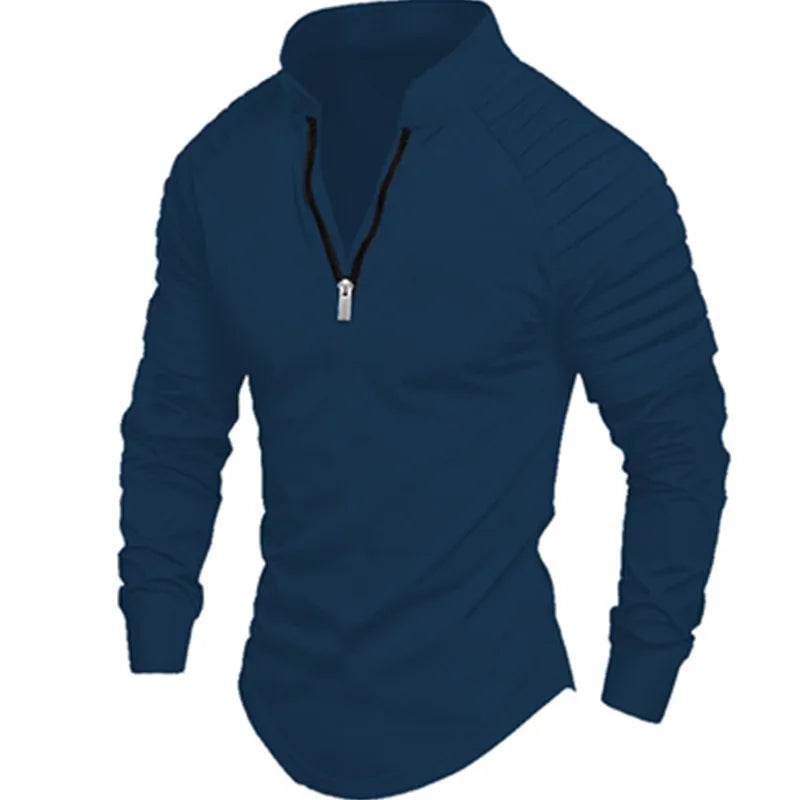 Men's Long Sleeve Polo Shirt - Casual Solid Color with Zipper Collar - Buy Center US
