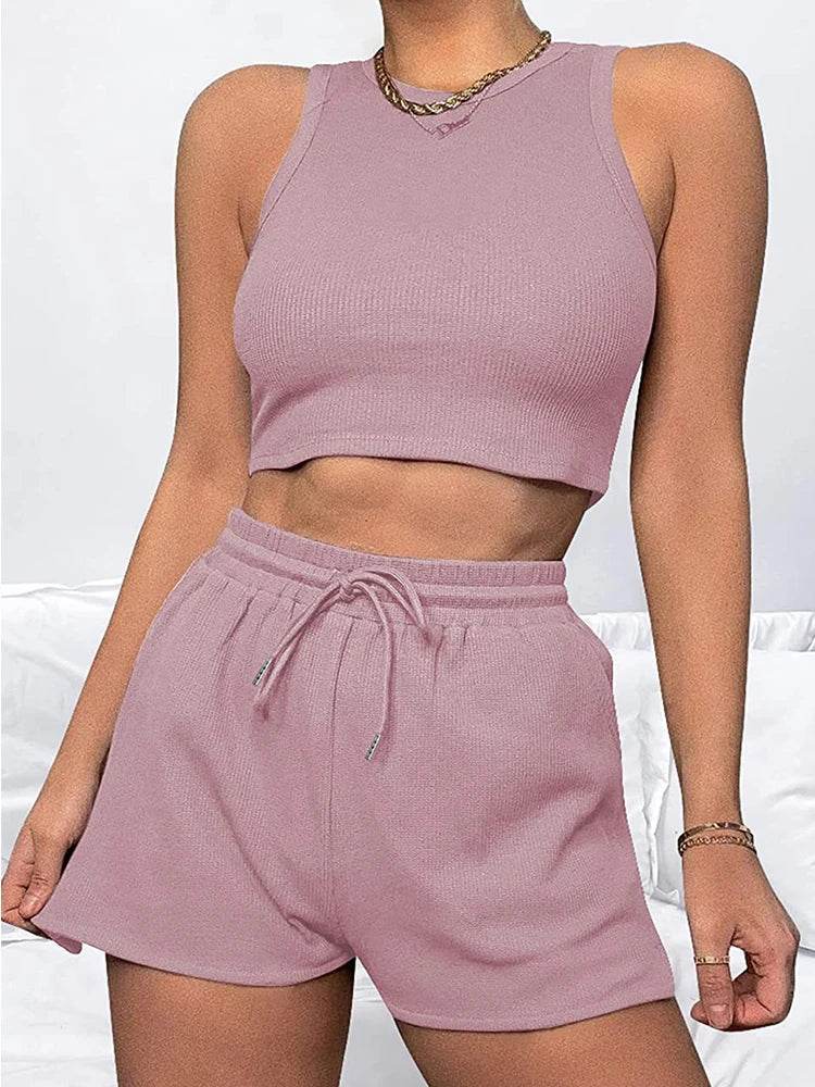 Elegant Women's Two-Piece Set - Sleeveless Waffle Vest & Shorts - Buy Center US