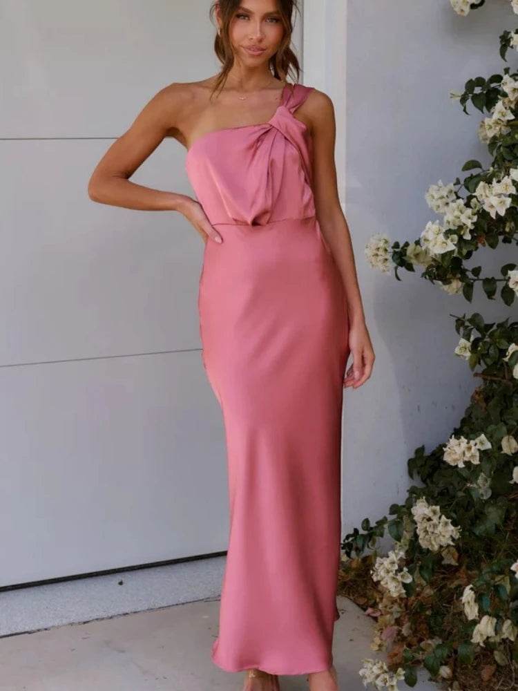 Elegant Women's Satin Dress - Slanted Shoulders, Slim Fit for Summer - Buy Center US