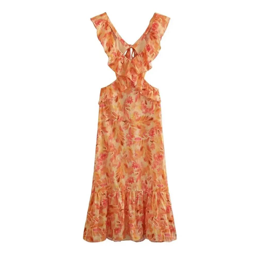 TRAFZA Summer V-Neck Backless Dress - Bohemian Ruffle Print Style - Buy Center US