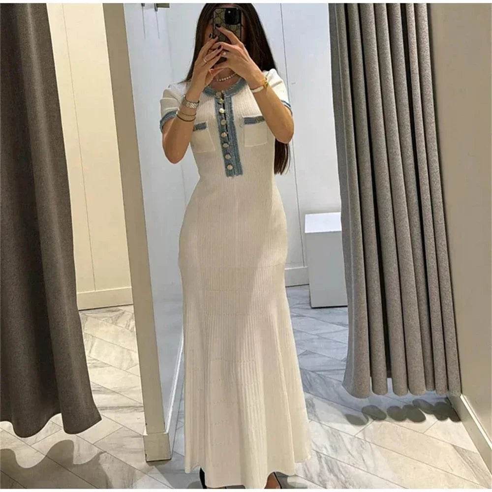 Elegant Women's Knit Maxi Dress - Chic O-neck with Metal Buttons - Buy Center US