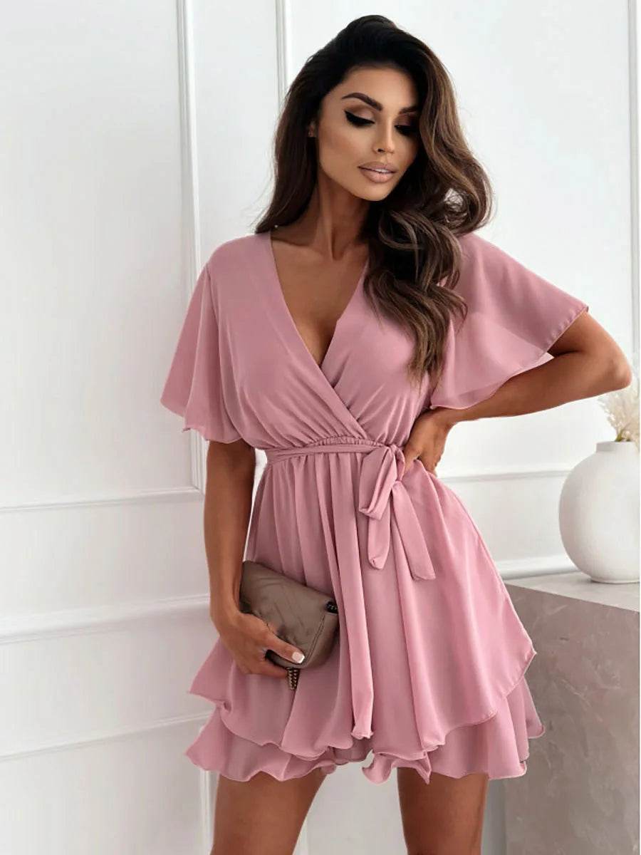 Summer V-Neck Mini Dress - Ruffled Hem Casual Women's Fashion - Buy Center US