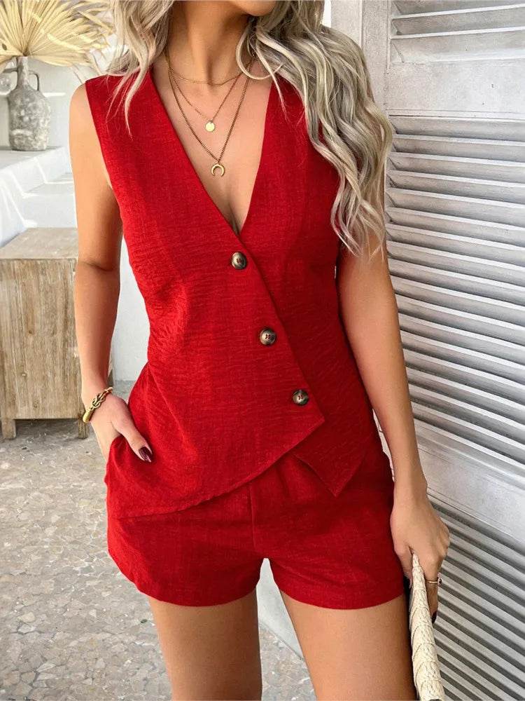 Women's Elegant Summer Cardigan Vest and Shorts Set - Casual Style - Buy Center US