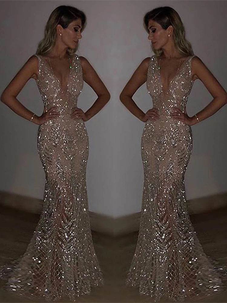 Elegant V Neck Maxi Dress for Women - Shiny Sequin Party Robe - Buy Center US