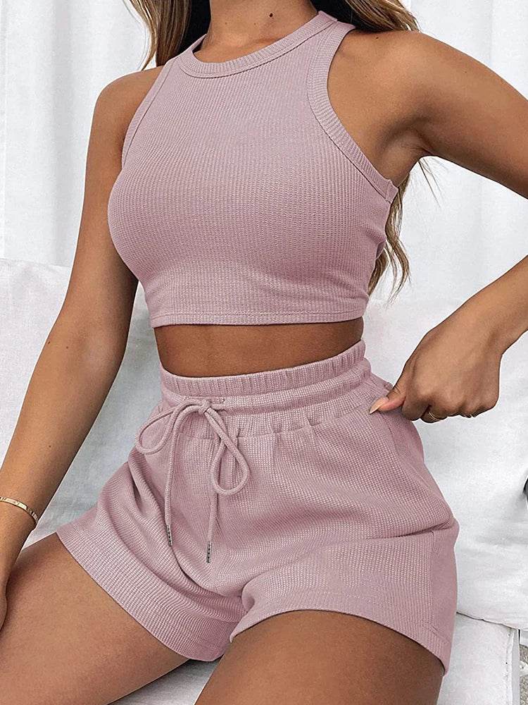Elegant Women's Two-Piece Set - Sleeveless Waffle Vest & Shorts - Buy Center US