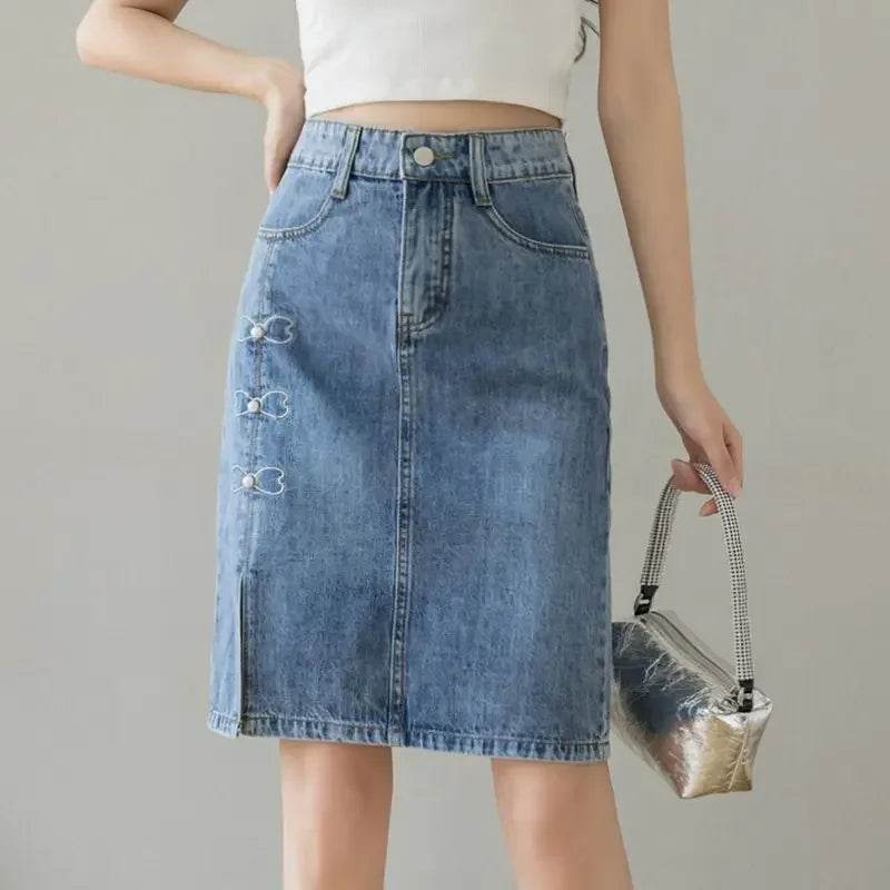Kawaii Women's Denim Midi Skirt - Elegant A-Line Casual Style - Buy Center US