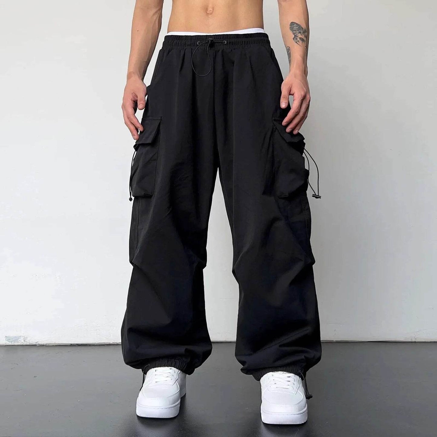 Men's Casual Mid Waist Cargo Pants - Solid Color with Woven Pockets - Buy Center US