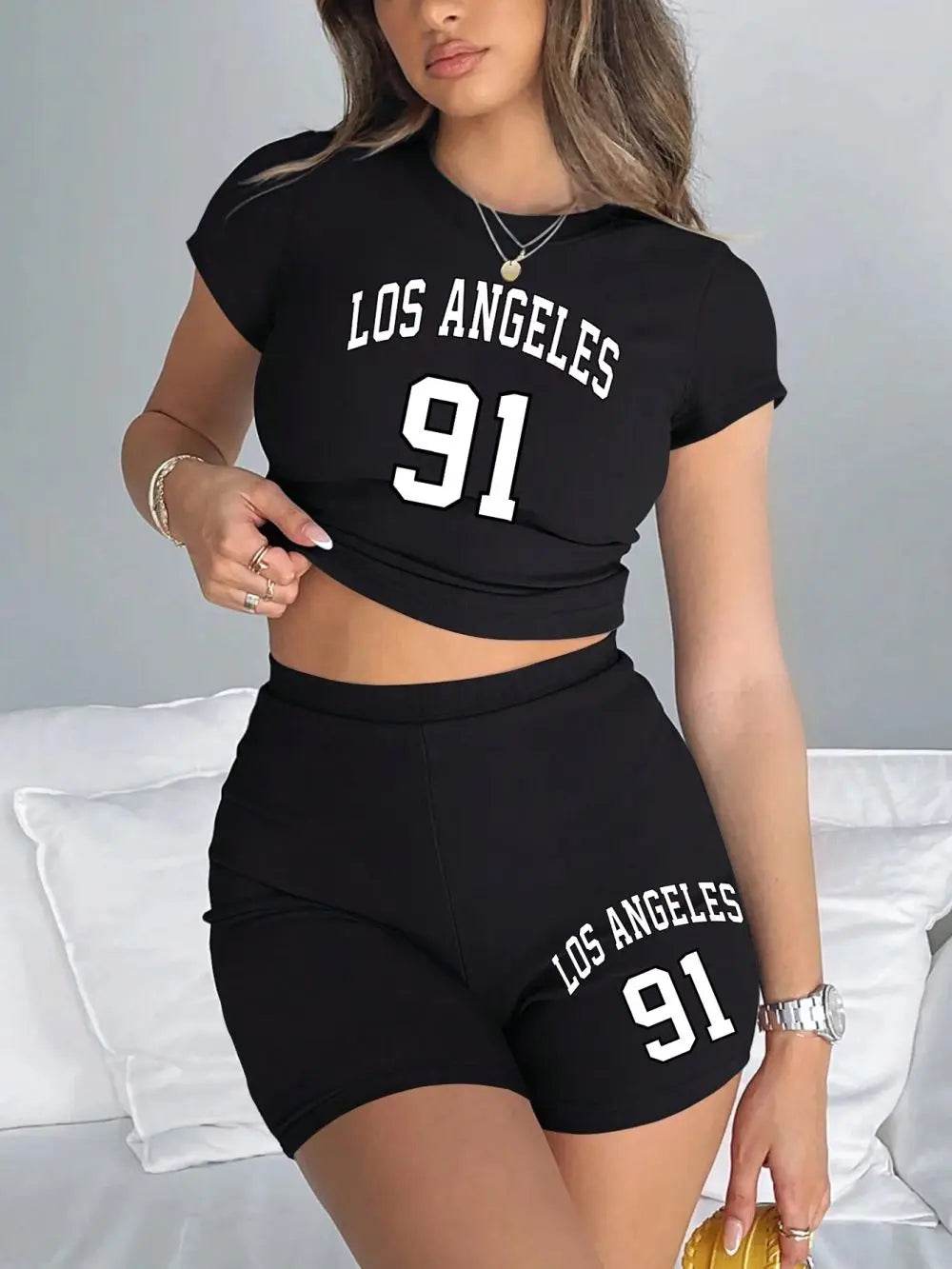 Teekossc Women's Slim Crop T-Shirt & Shorts Set - NYC Art Print - Buy Center US