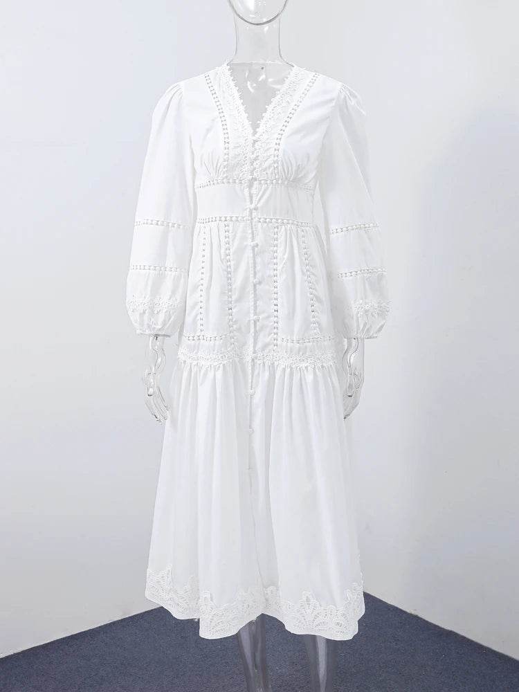 Elegant V-Neck Lace Hollow Out Dress - Puff Sleeve A-Line Style - Buy Center US