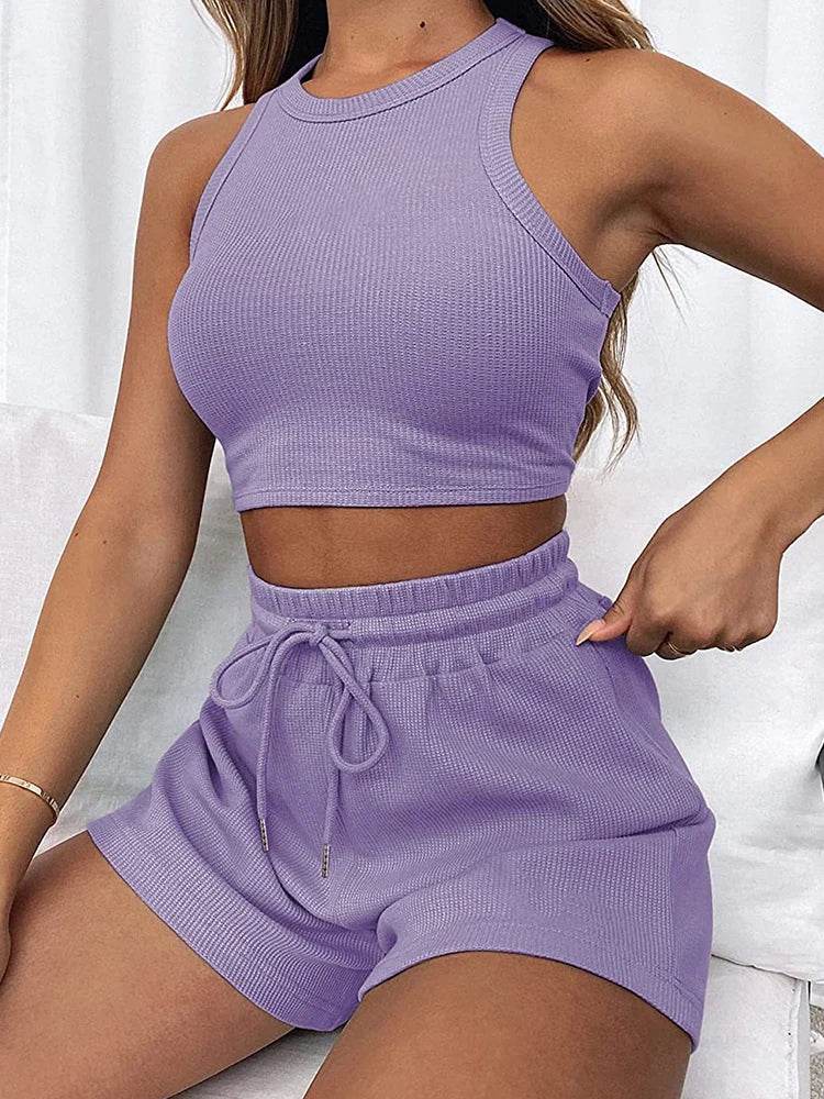 Elegant Women's Two-Piece Set - Sleeveless Waffle Vest & Shorts - Buy Center US