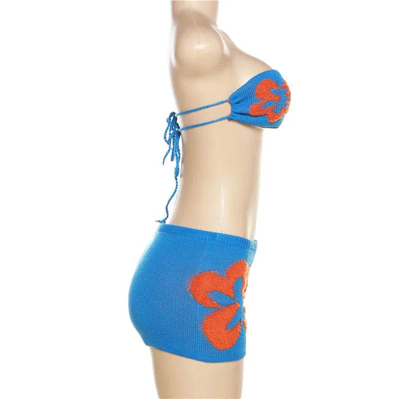 VEITCHE Women's Summer Knitted Bikini Set - Floral Crop Top & Shorts - Buy Center US