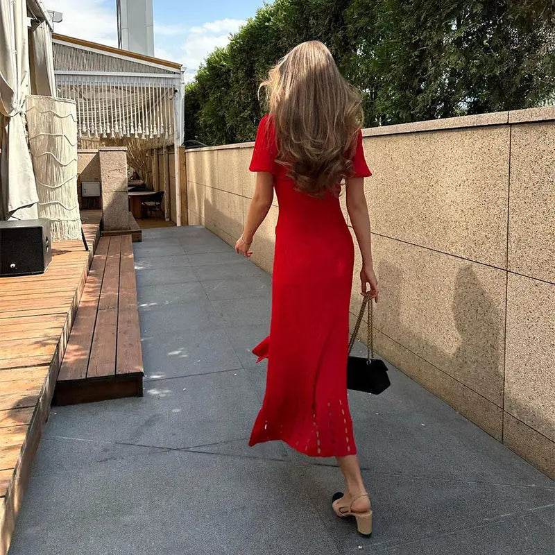 Jadoutin Elegant Knitted Dress for Women - Short Sleeve V-Neck - Buy Center US