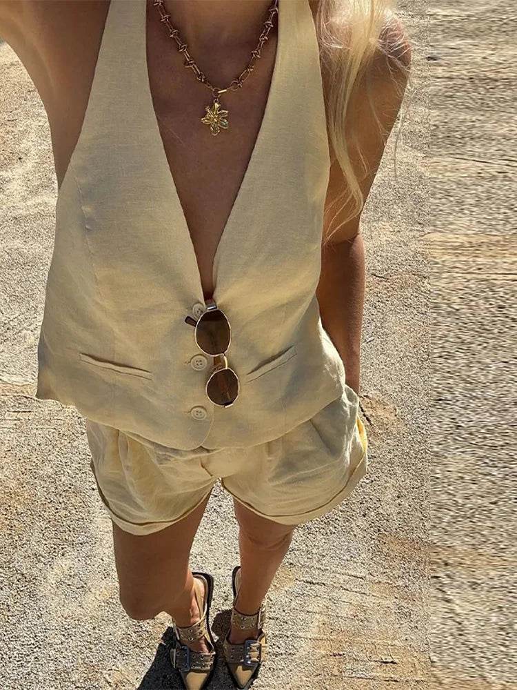 HTTEM Women’s Summer Vest Shorts Set - V-Neck Sleeveless Style - Buy Center US