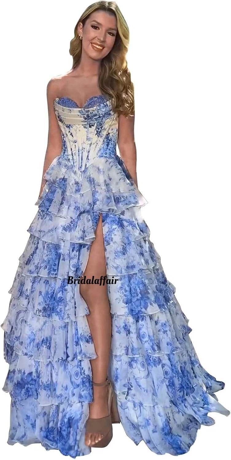 Strapless Floral Tiered Prom Dress - Sweetheart Neckline, A-Line Design - Buy Center US