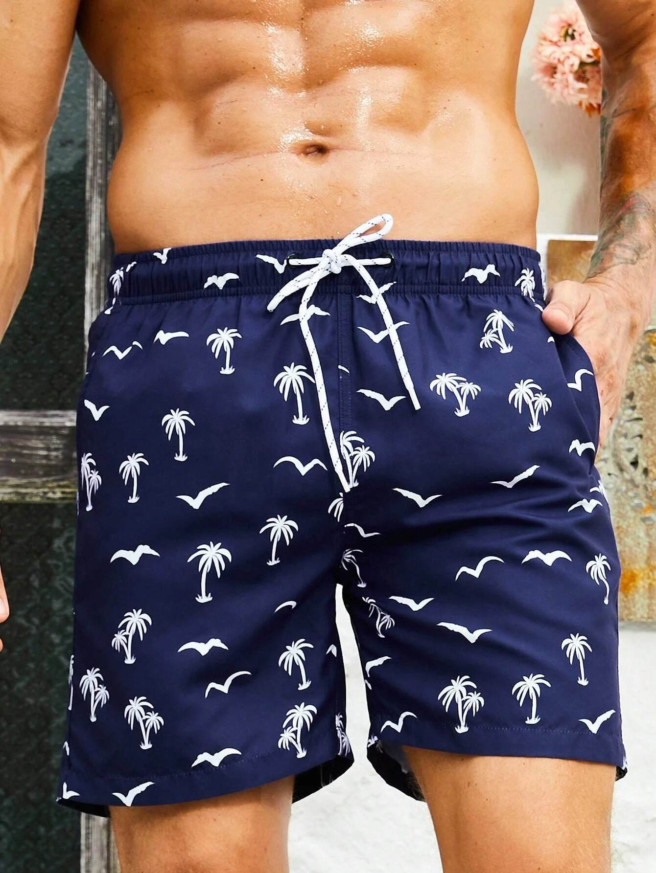 Men's Quick Dry Beach Shorts - Casual Hawaiian Print, Drawstring Style - Buy Center US