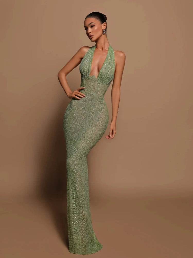 Green Maxi Dress for Women - Sexy V Neck Sleeveless Sequined Gown - Buy Center US