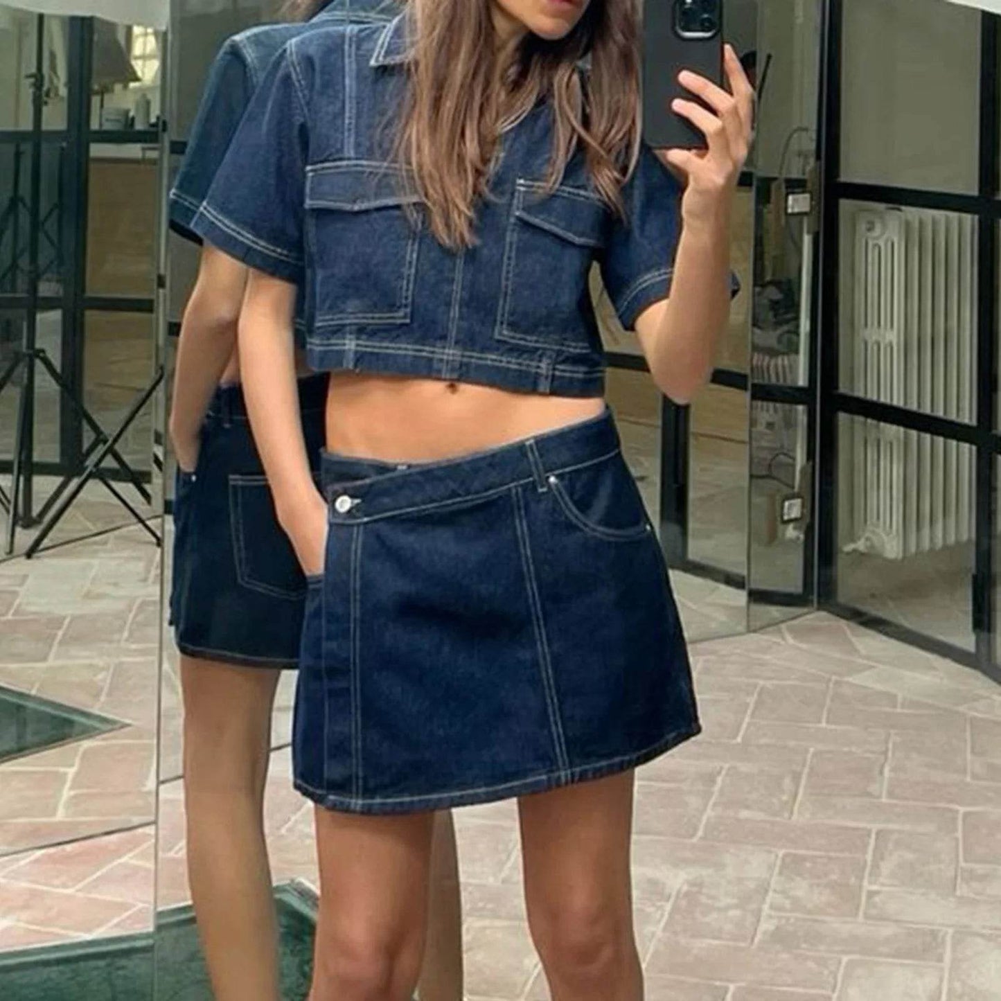 Hirigin Women’s Denim 2 Piece Set - V Neck Tunic & Mini Skirt - Buy Center US