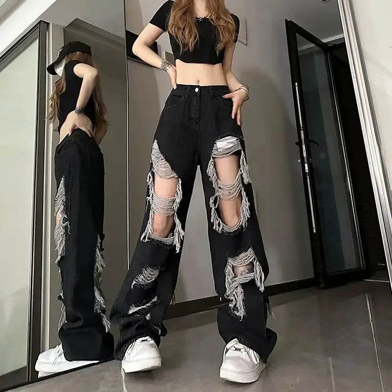 PTKPCC High Waist Distressed Jeans - Y2K Loose Fit for Women - Buy Center US
