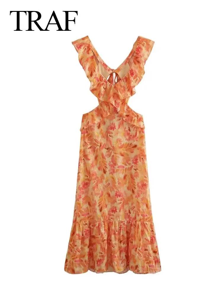 TRAFZA Summer V-Neck Backless Dress - Bohemian Ruffle Print Style - Buy Center US