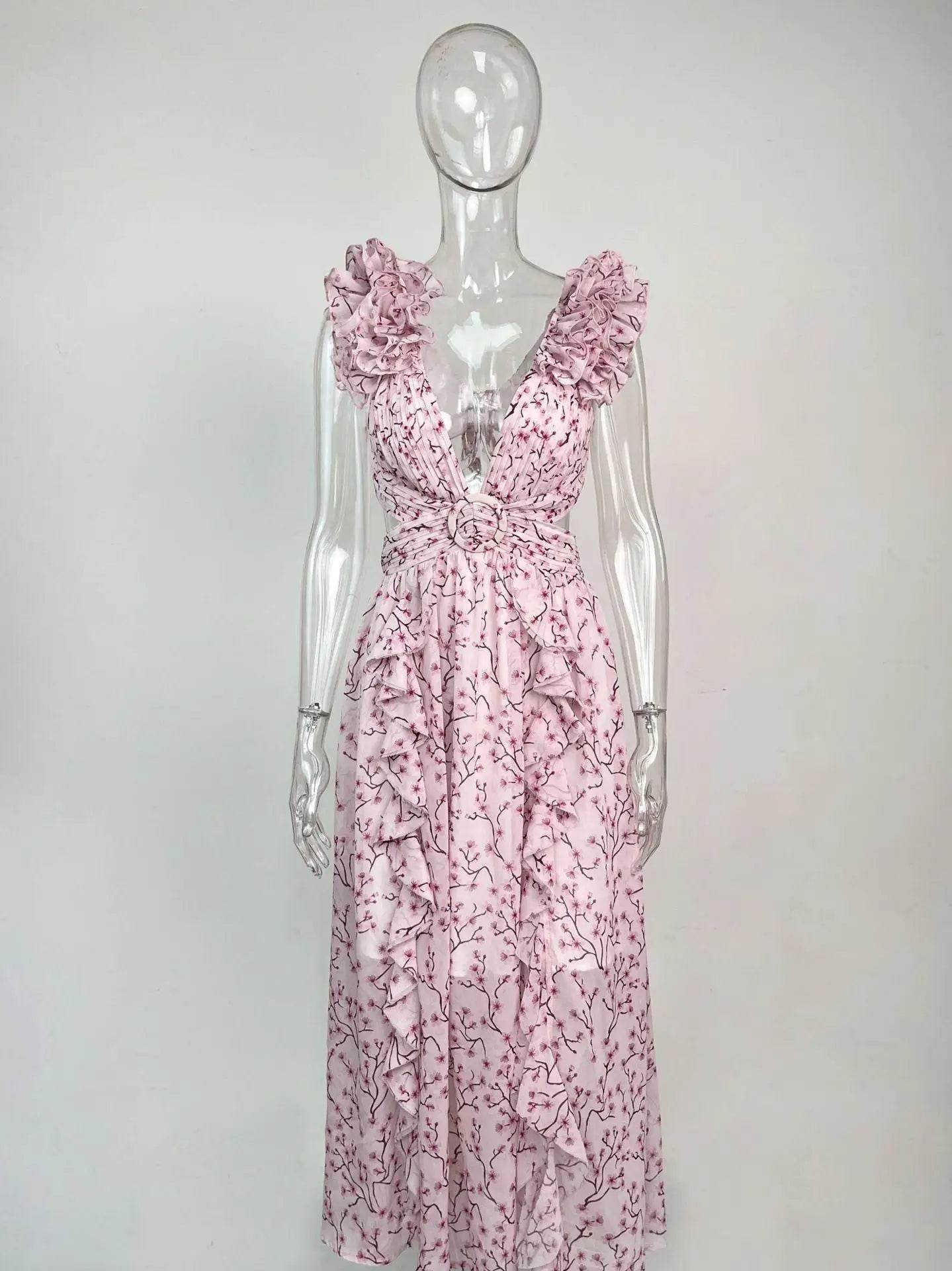 Izmestyeva Floral Backless Dress - Sleeveless V-Neck, Ruffle Trim - Buy Center US